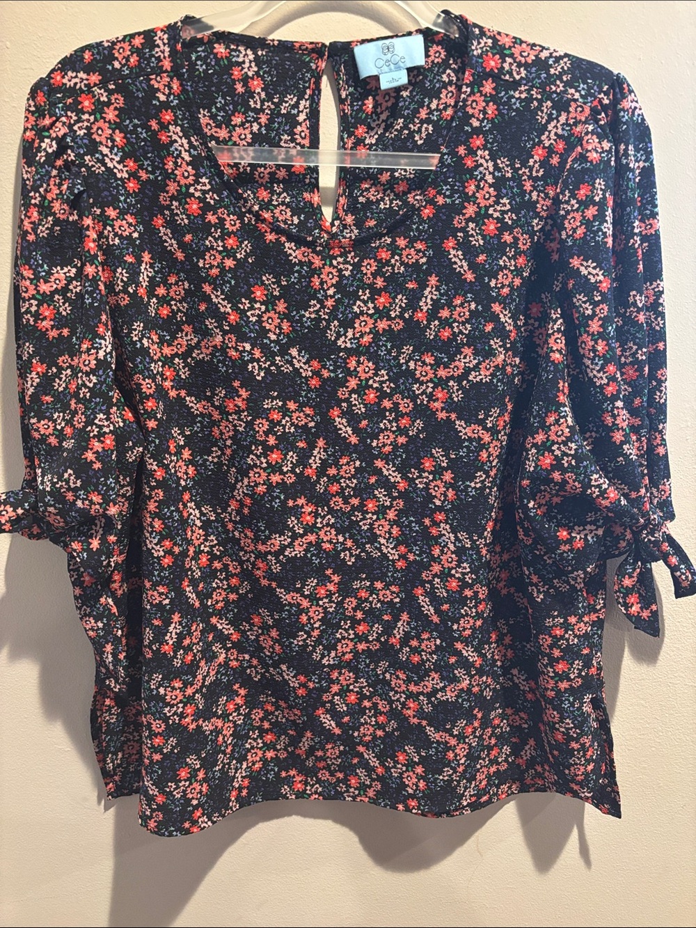 CeCe Black Floral Tie-Sleeve Blouse with Coral Accents